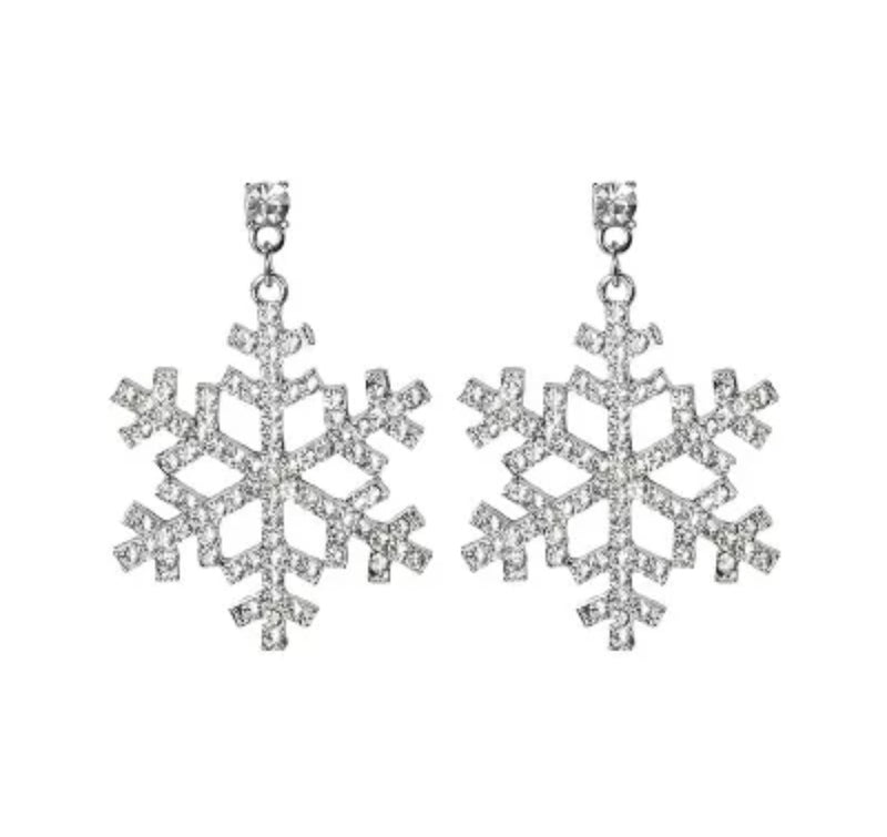Clip on 1 3/4" silver front clear stone dangle Snowflake earrings