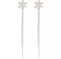 Clip on long silver Snowflake clear stone cluster snake chain earrings