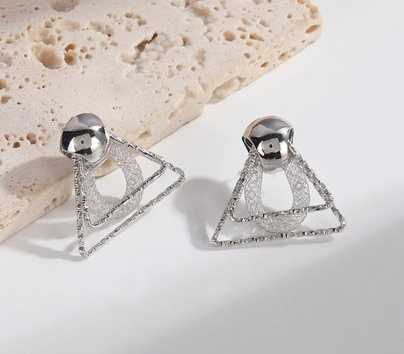 Clip on1 1/4" silver or gold layered triangle and mesh earrings