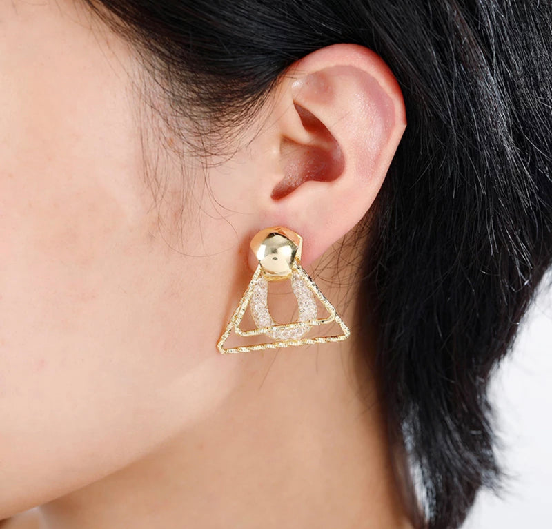 Clip on1 1/4" silver or gold layered triangle and mesh earrings