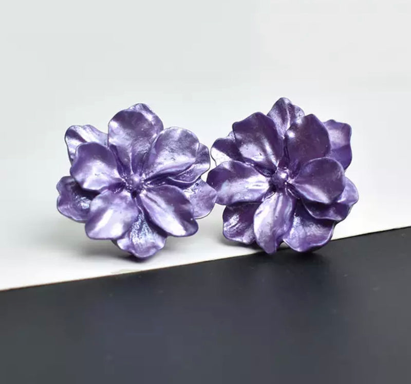 Classy 1" clip on silver and purple clay flower button style earrings
