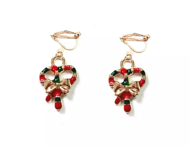 Clip on 1 1/4" gold earrings with a red and green stripe candy cane