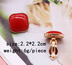 Clip on 1' gold and red stone square button style earrings