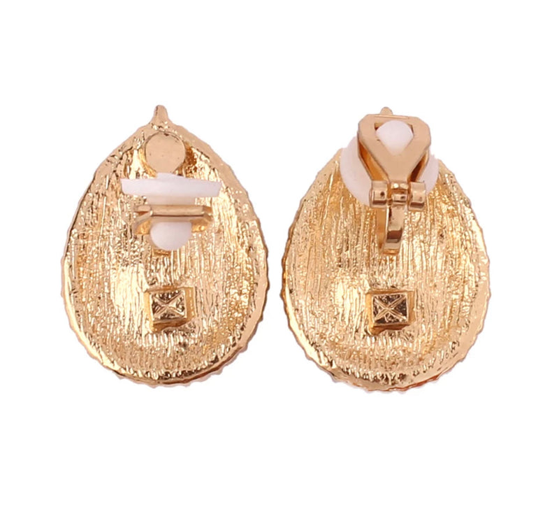 Clip on 1" gold teardrop earrings in a variety of color and clear stones