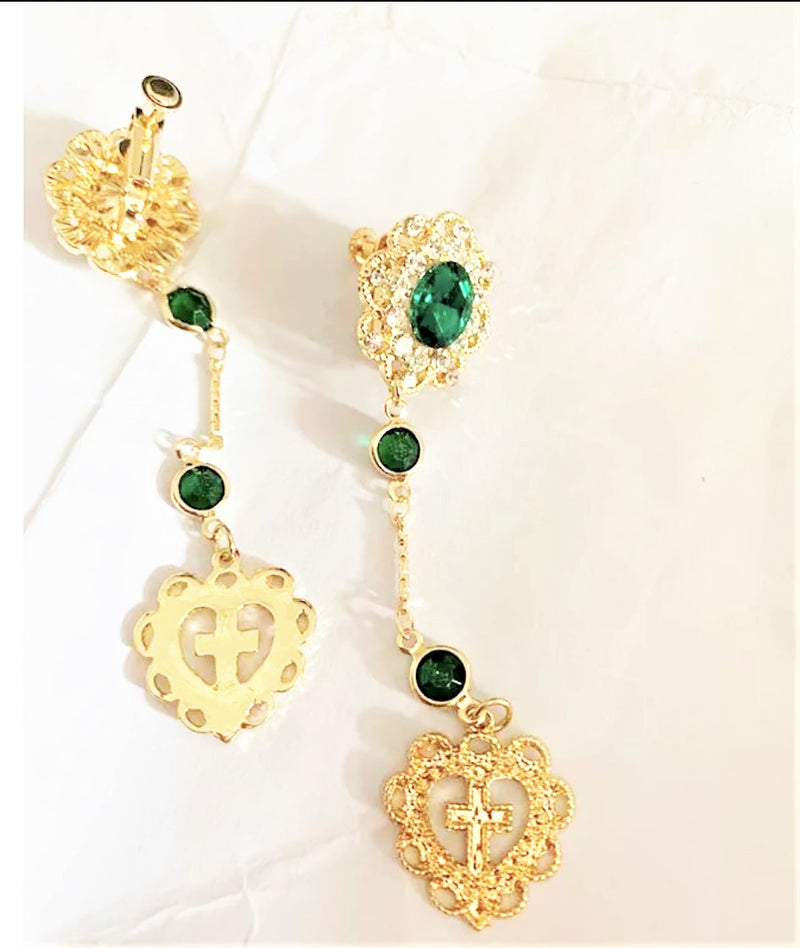 Vintage clip on green and clear stone dangle earrings w/dangle heart & cross