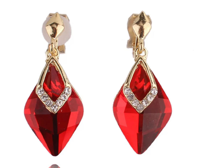 Clip on 1 1/2" small gold and red, green or light brown pointed stone earrings