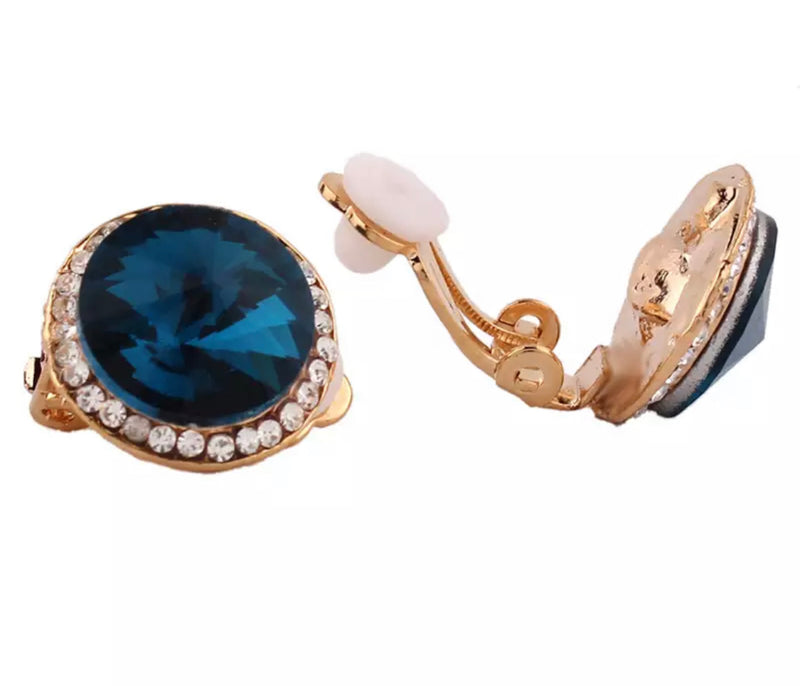 Clip on small round silver or gold earrings with stones in a variety of colors