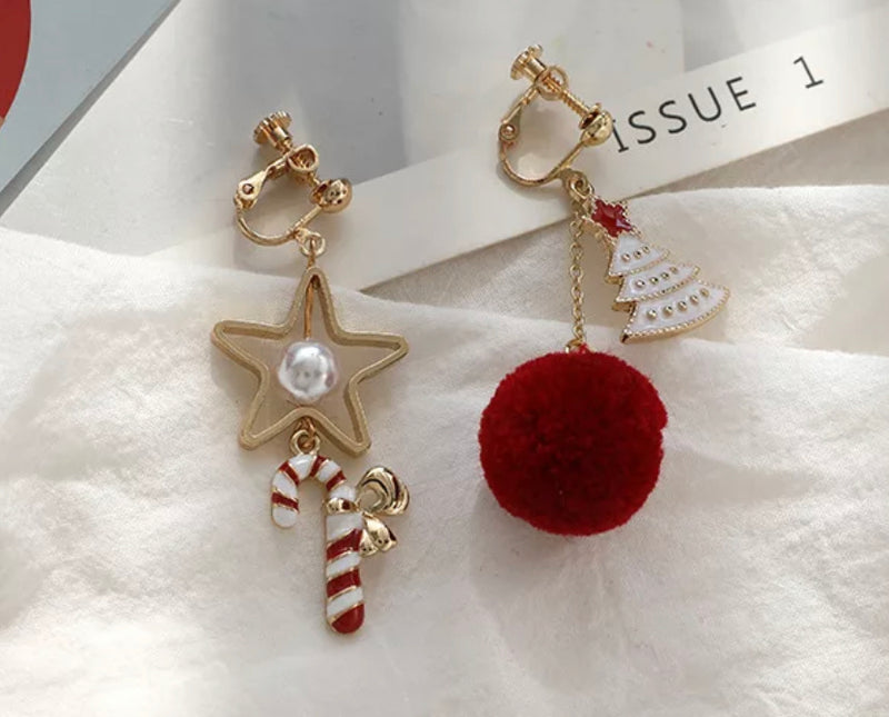 Clip on 2 1/4" &  2" gold, red & white two style candy cane Christmas earrings.