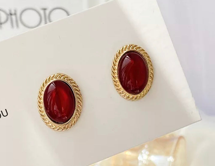 Clip on 3/4" gold and dark red oval earrings button style earrings