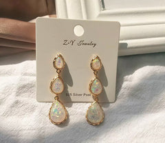 Clip on gold & white multi colored glitter three teardrop earrings