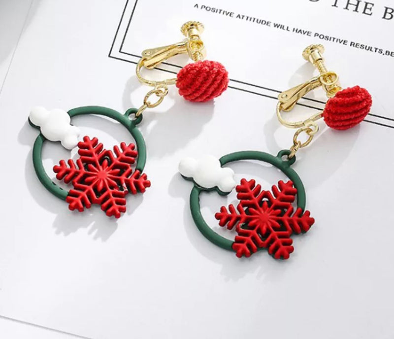 Clip on 1 3/4" gold, green, red fabric and metal hoop Christmas earrings