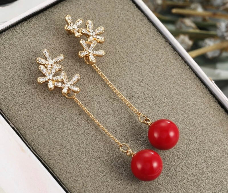 Classy 2 1/2" clip on gold chain clear stone dangle red bead earrings