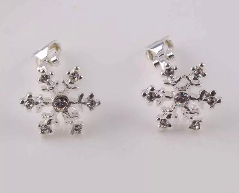 Clip on 1/2" silver or gold small snowflake earrings with clear stone