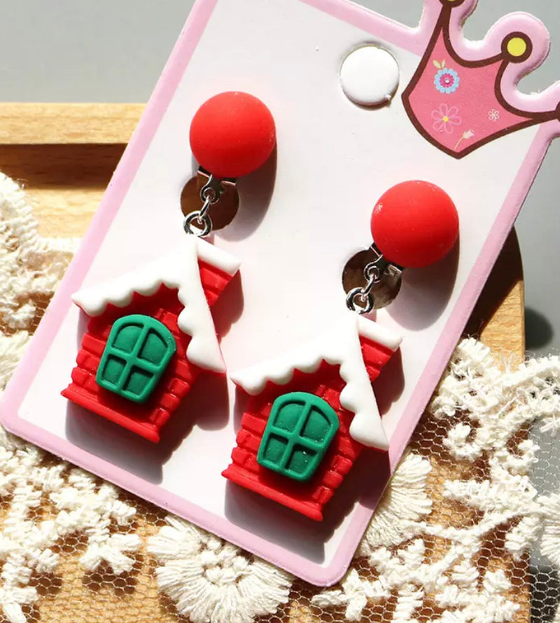 Clip on 2" silver, red, white and green clay dangle Christmas house earrings
