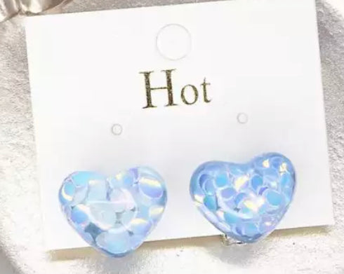 Clip on 3/4" silver blue or pink glitter puffed heart earrings