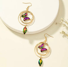 Pierced gold multi hoop butterfly earrings in a variety of colored stones