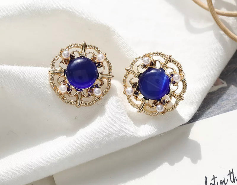 Clip on 3/4" small gold earrings with round blue stone or white pearl earrings
