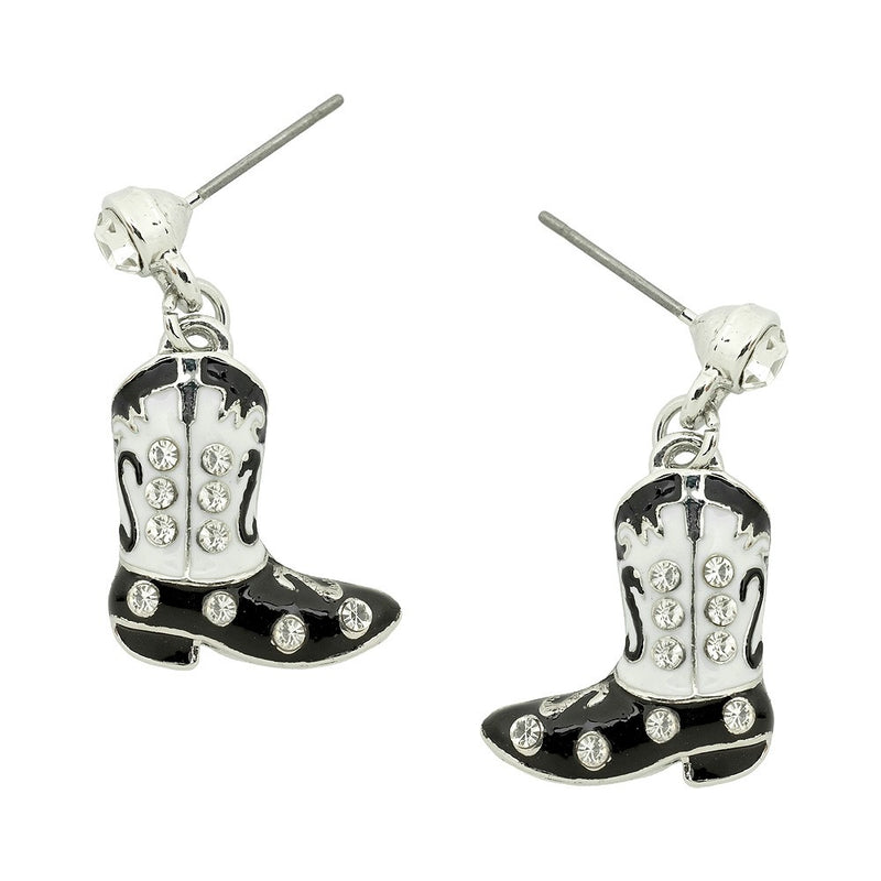 Western 1 1/4" pierced silver, black, and white clear stone dangle boot earrings