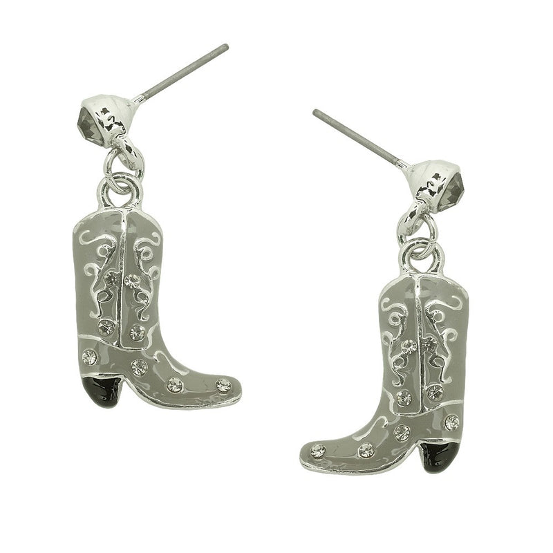 Western 1 1/4" pierced silver, gray, and black clear stone dangle boot earrings