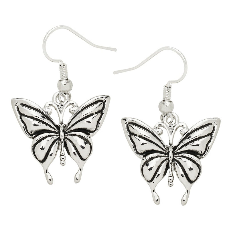 Pierced 1 1/2" silver and black dangle butterfly earrings