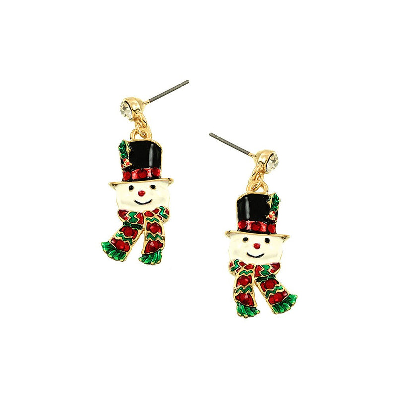 Pierced gold, white multi colored dangle Snowman earrings w/scarf