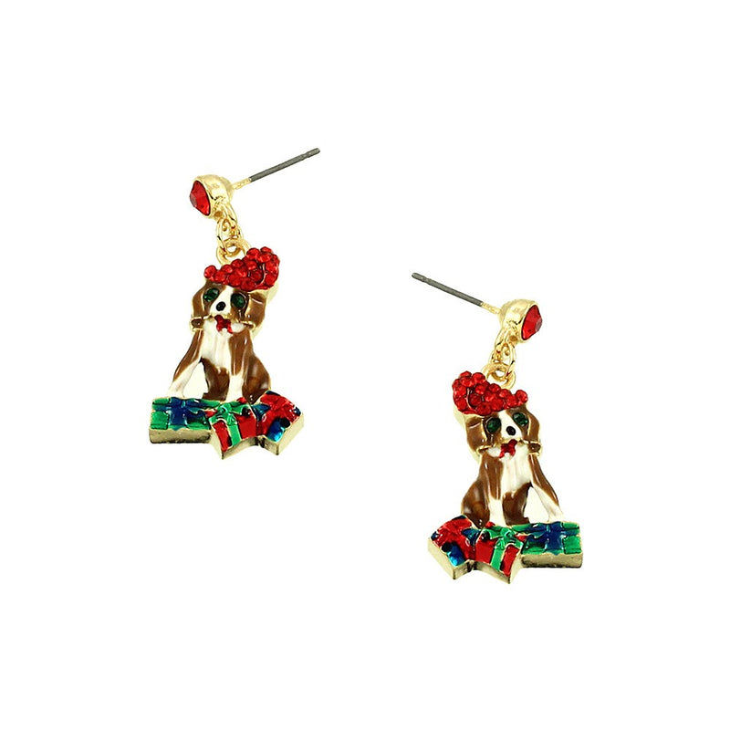 Pierced 1 1/2" gold, brown and white Christmas dog earrings with red stones