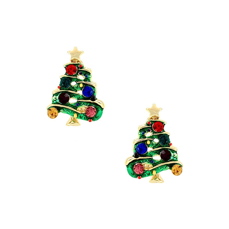 Pierced 1" gold multi colored stone Christmas Tree earrings