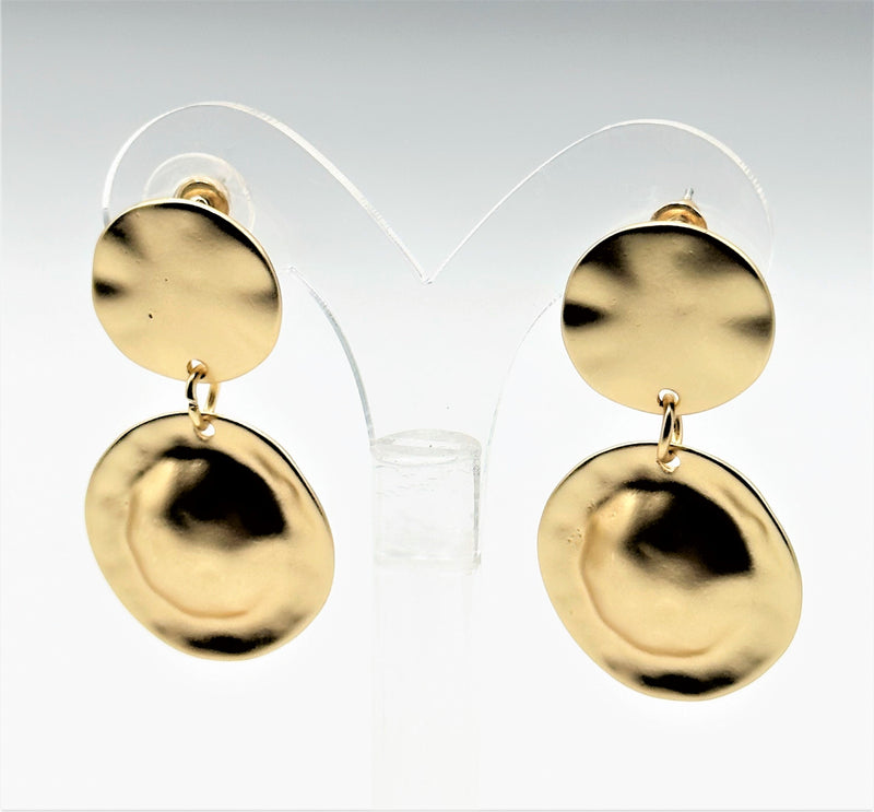 Pierced 1 3/4" matte gold hammered double circle dangle earrings