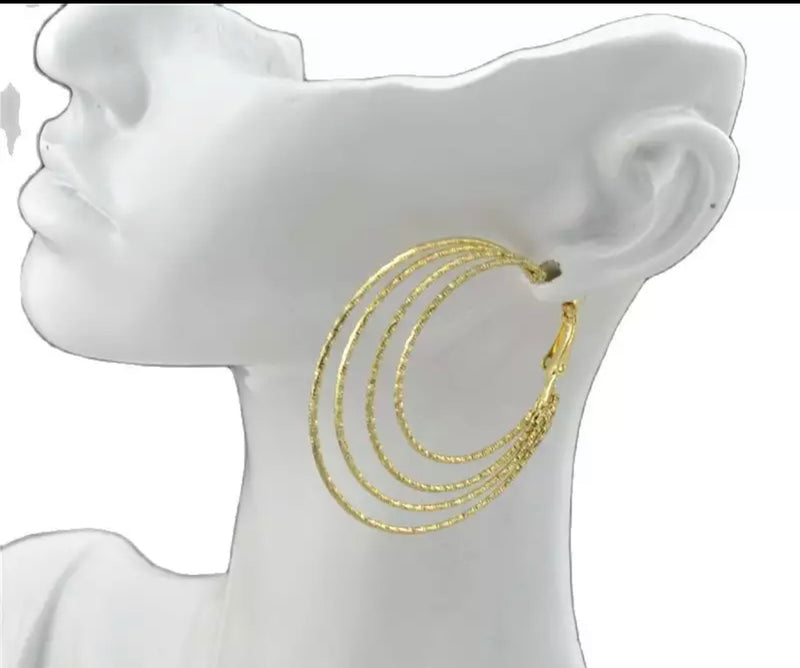 Clip on 2 1/2" textured silver or gold cutout 3 row hoop earrings