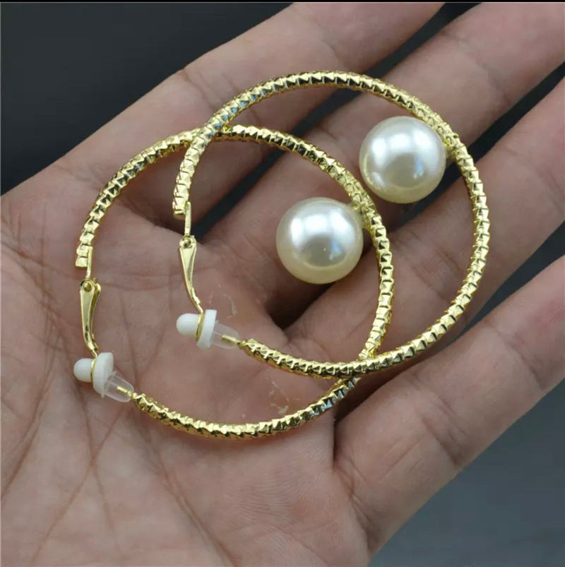 Clip on 2"gold textured hoop earrings with center pearl