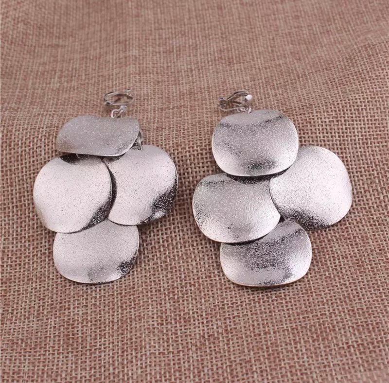 Clip on silver dangle bent circle layered earrings