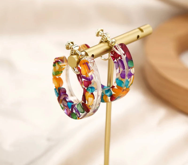 Clip on 1 1/2" clear multi colored stone clear open back hoop earrings