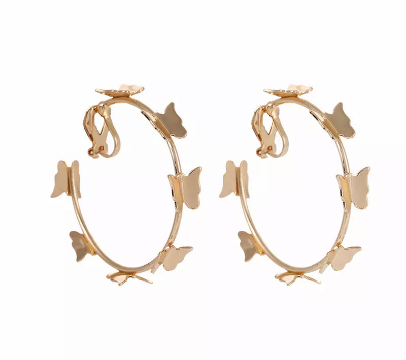 Clip on 1 3/4" large silver or gold open back butterfly hoop earrings
