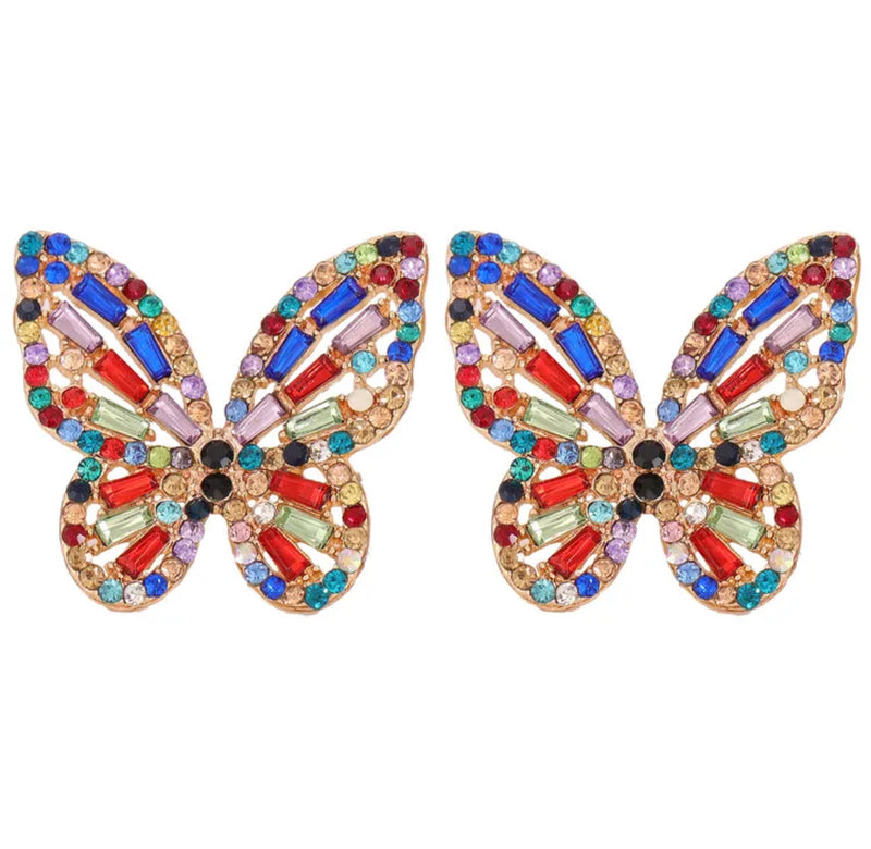 Trendy 1 1/4" pierced gold multi colored stone butterfly earrings