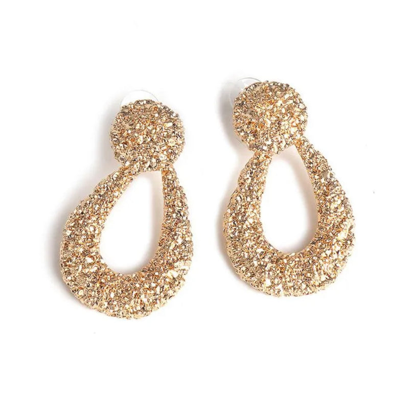 Trendy 2 1/4" gold pierced textured dangle teardrop earrings