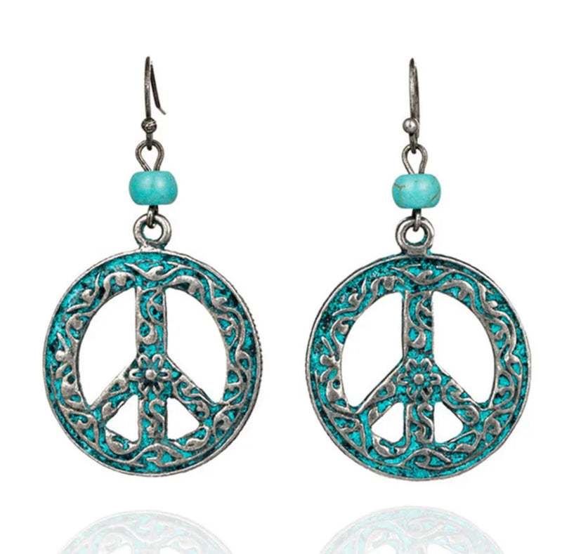 Western 2" pierced silver and turquoise bead peace sign earrings