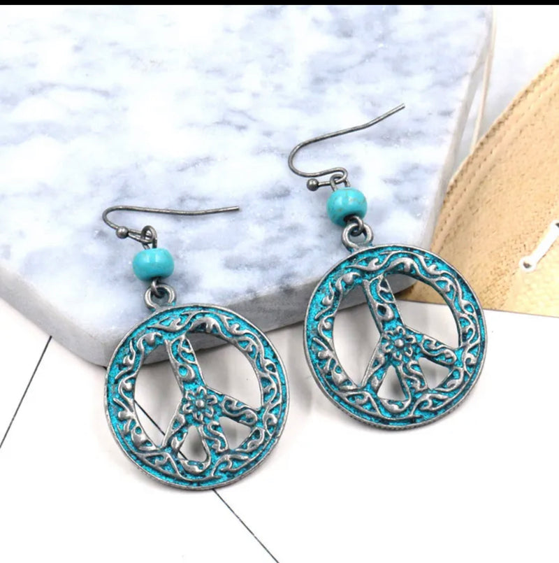 Western 2" pierced silver and turquoise bead peace sign earrings