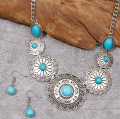 Western Clip on or Pierced silver and turquoise stone round wester necklace set