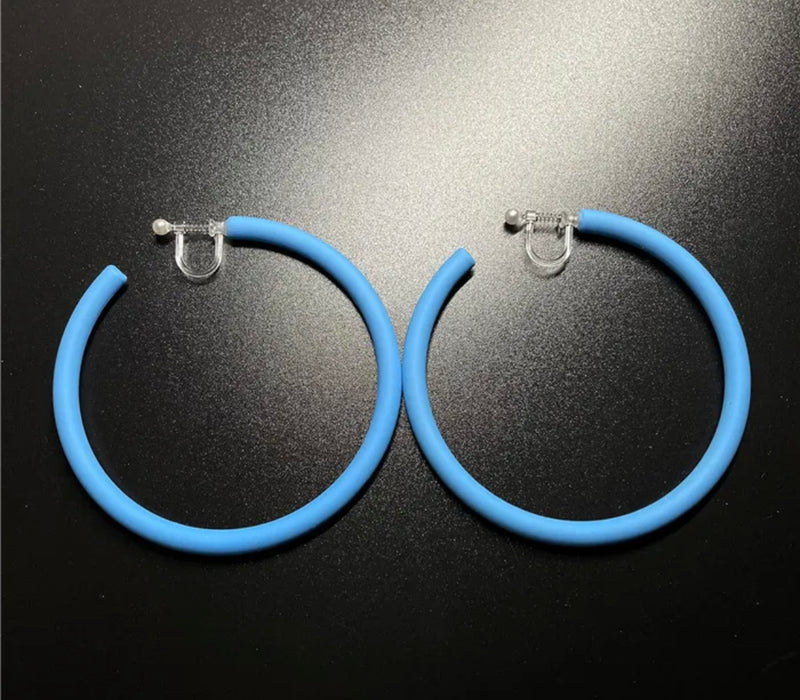 Trendy 2 1/2" clip on large plastic blue open back hoop earrings