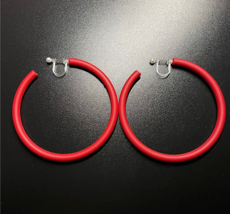 Trendy 2 1/2" clip on large plastic red open back hoop earrings
