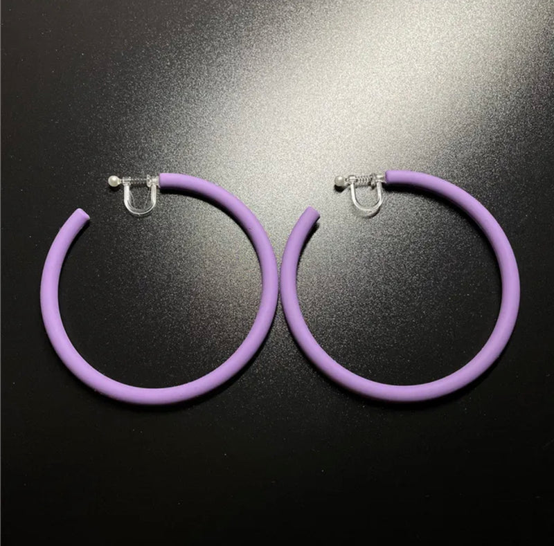 Trendy 2 1/2" clip on large plastic purple open back hoop earrings