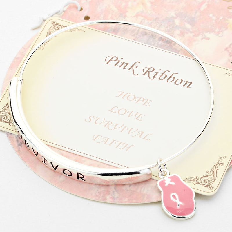 Silver and pink ribbon adjustable bangle bracelet with glove charm