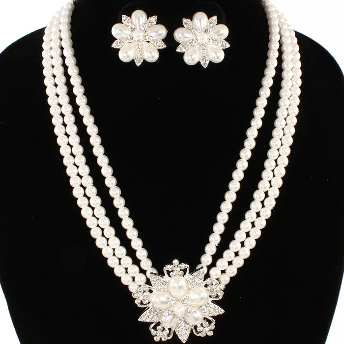 Pierced silver and white pearl flower multi strand necklace set