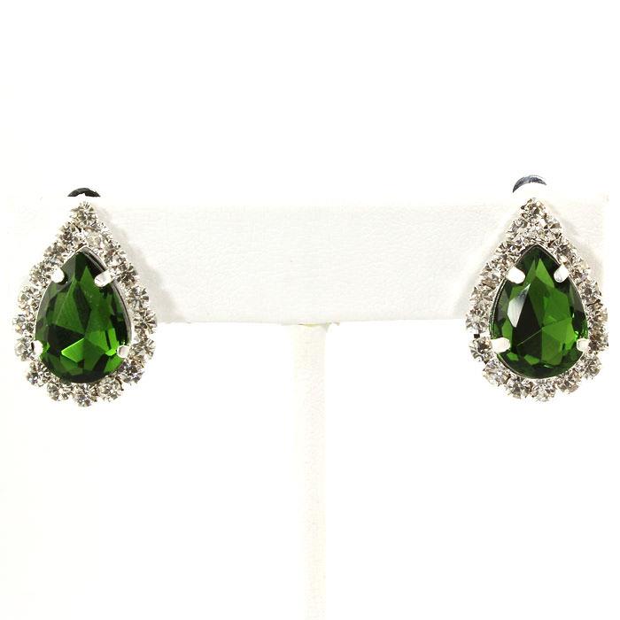 Clip on 1" small silver green and clear stone teardrop button style earrings