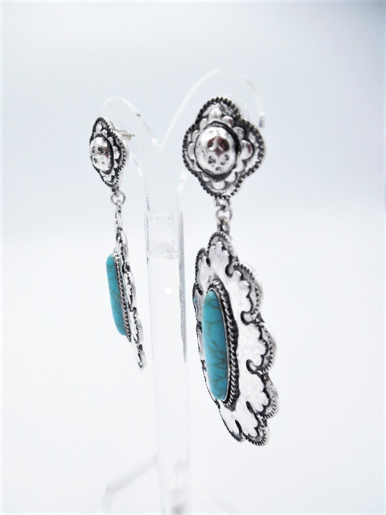 Western 3 1/4" large hammered silver and turquoise stone dangling earrings
