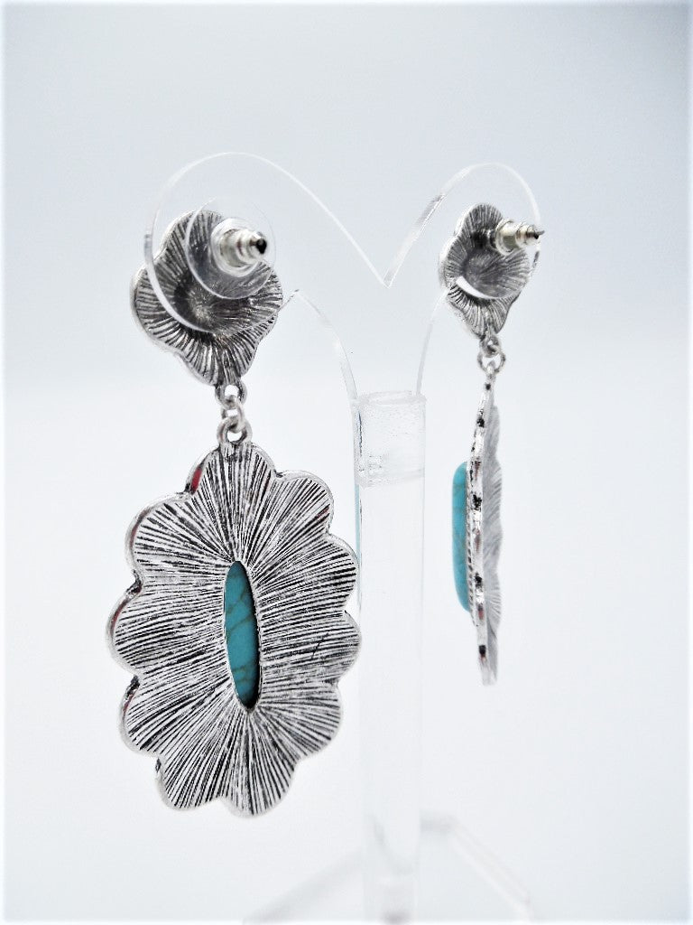 Western 3 1/4" large hammered silver and turquoise stone dangling earrings