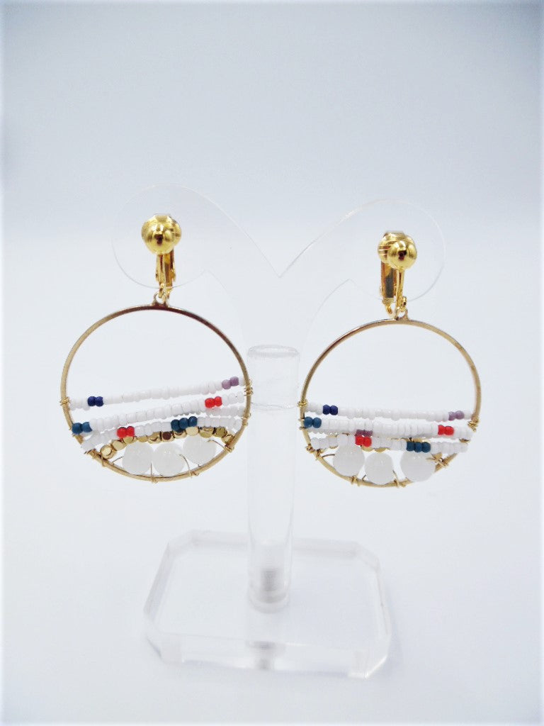 Clip on 2" gold wire dangle hoop earrings with white multi colored seed beads