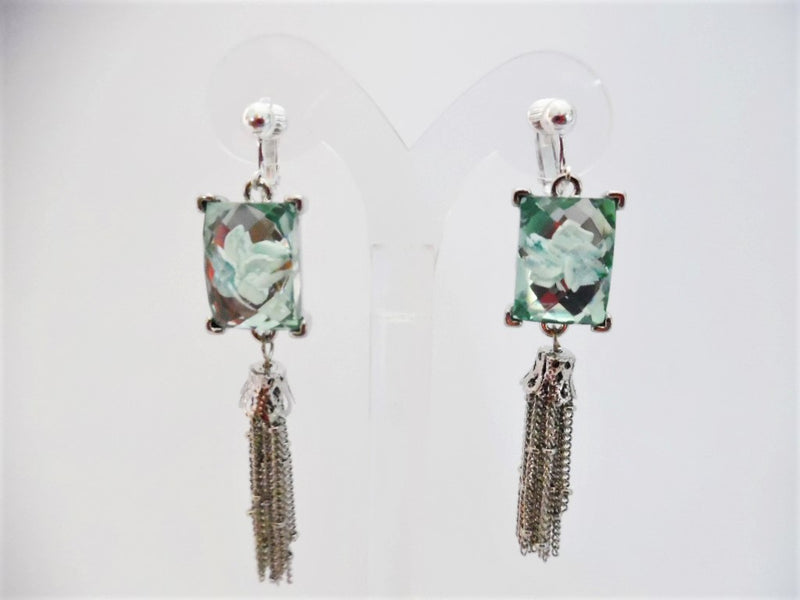 Clip on 3" silver square green stone earrings with dangle rows of chains