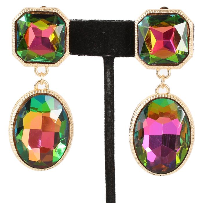 Clip on 2 1/2" gold multi colored pink square & oval stone earrings