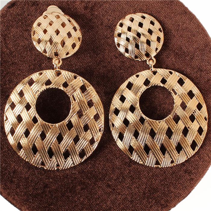 Clip on 3" gold textured basket weave dangle hoop earrings